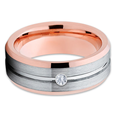 White Diamond Tungsten Ring - Grey Wedding Band - Rose Gold Tungsten - Clean Casting Jewelry