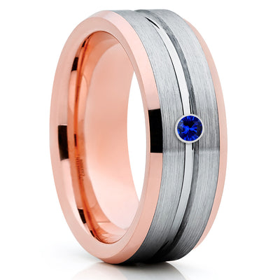 Blue Sapphire Ring - Rose Gold Tungsten - Gray Tungsten Ring - Brush Finish - Clean Casting Jewelry