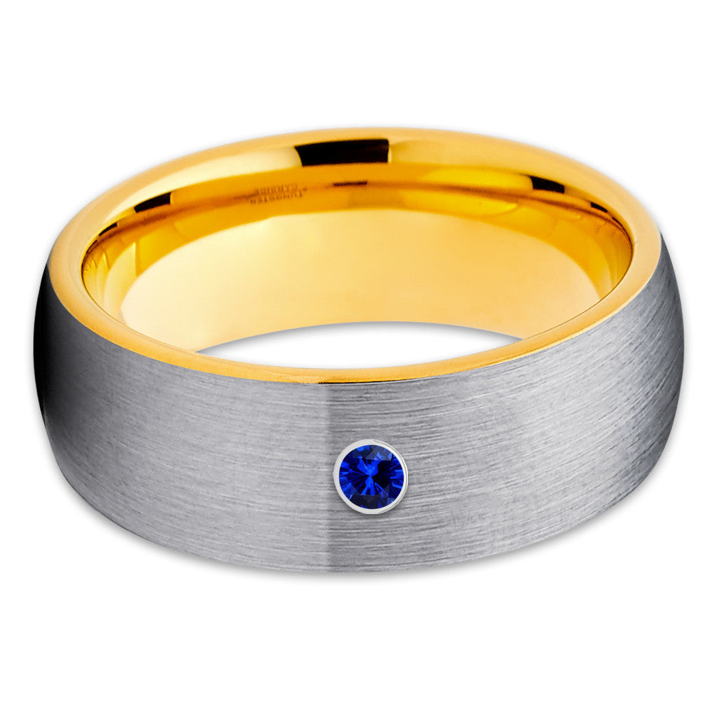 Yellow Gold Tungsten Ring - Gray Wedding Band - Blue Sapphire Ring - Brush - Clean Casting Jewelry