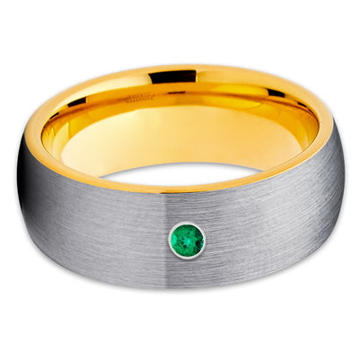 Yellow Gold Tungsten Ring - Gray Tungsten Band - Emerald Tungsten - Dome - Clean Casting Jewelry