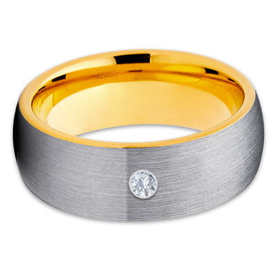 Yellow Gold Tungsten Ring - White Diamond Ring - Gray Tungsten Ring - Dome - Clean Casting Jewelry