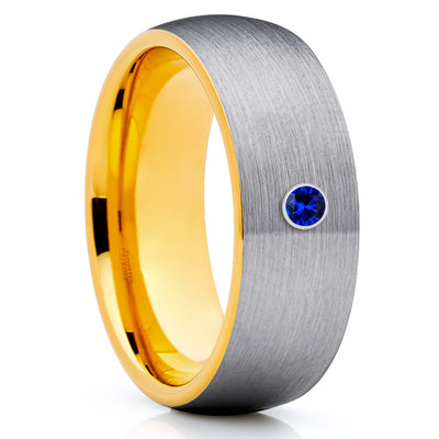 Yellow Gold Tungsten Ring - Gray Wedding Band - Blue Sapphire Ring - Brush - Clean Casting Jewelry