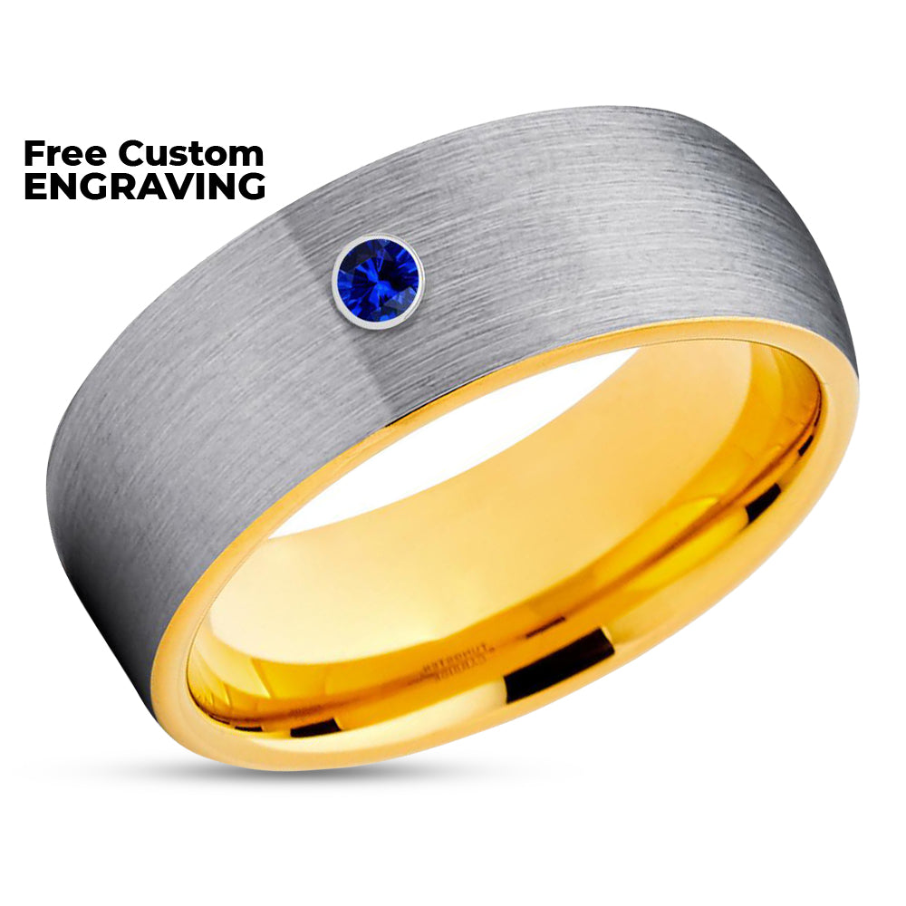 Blue Sapphire Wedding Ring - Yellow Gold Tungsten Ring - Anniversary Ring - Engagement Ring