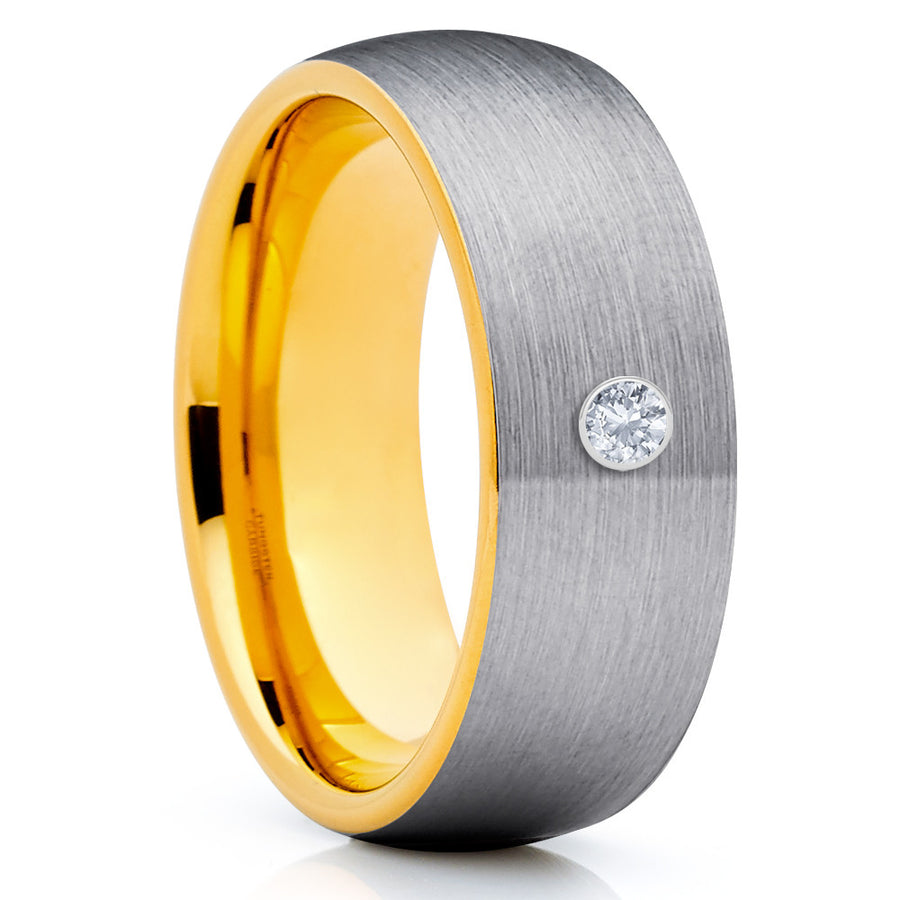 Yellow Gold Tungsten Ring - White Diamond Ring - Gray Tungsten Ring - Dome - Clean Casting Jewelry 