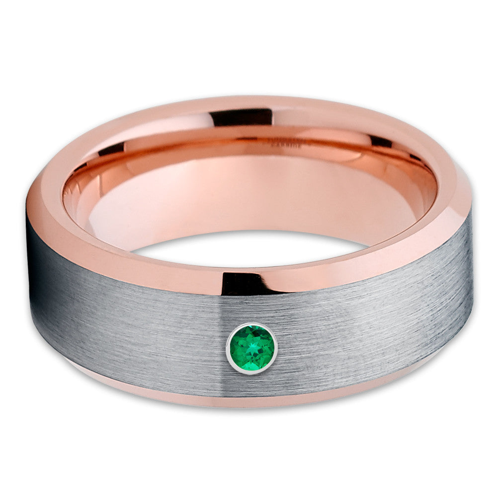 Rose Gold Tungsten Ring - Emerald Tungsten Band - Gray Tungsten Ring - 8mm - Clean Casting Jewelry
