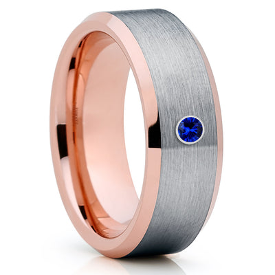 Blue Sapphire Tungsten Ring - Gray Tungsten Ring - Rose Gold Tungsten - 8mm - Clean Casting Jewelry