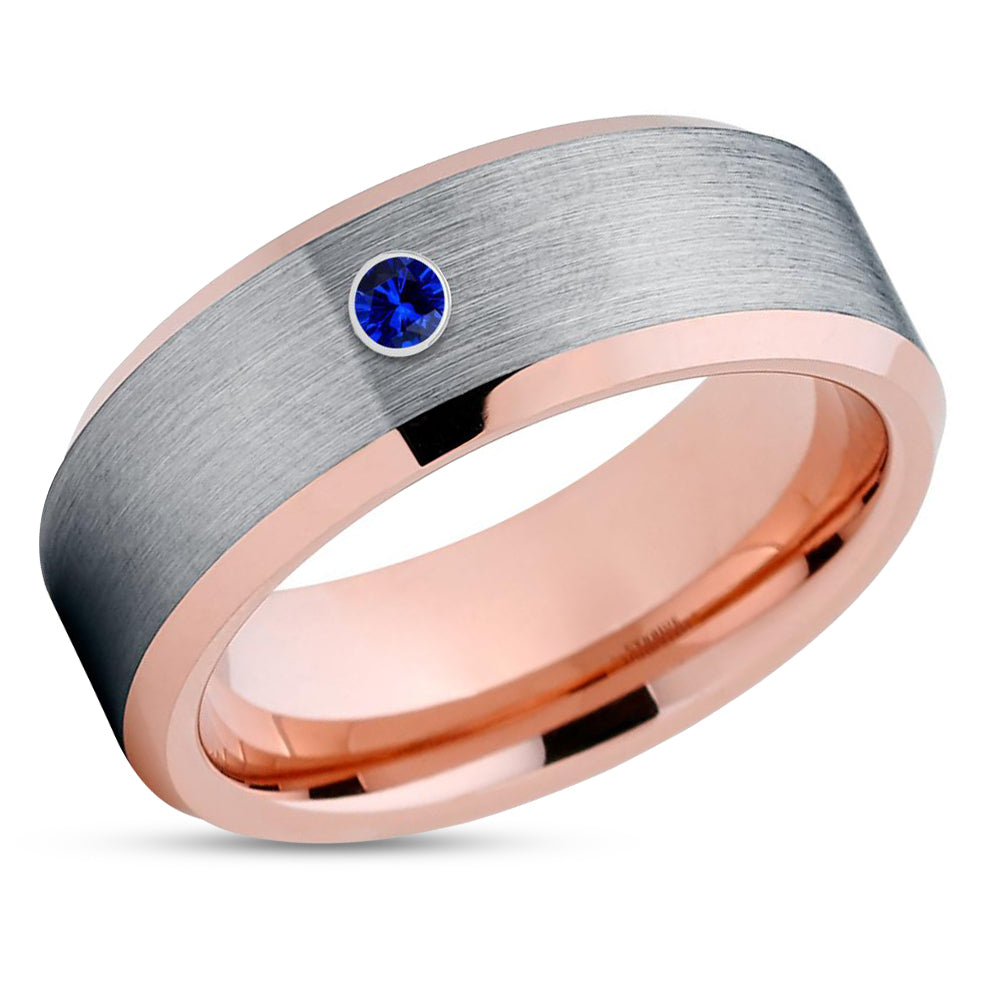 Rose Gold Tungsten Wedding Ring - Blue Sapphire Ring - Engagement Ring - Man's Wedding Ring