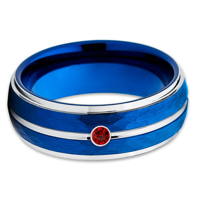 Blue Tungsten Wedding Band - Ruby Tungsten Ring - 8mm - Hammered Ring - Clean Casting Jewelry