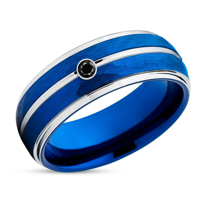 Men's Tungsten Wedding Ring - Black Diamond Ring - Engagement Ring - Blue Band
