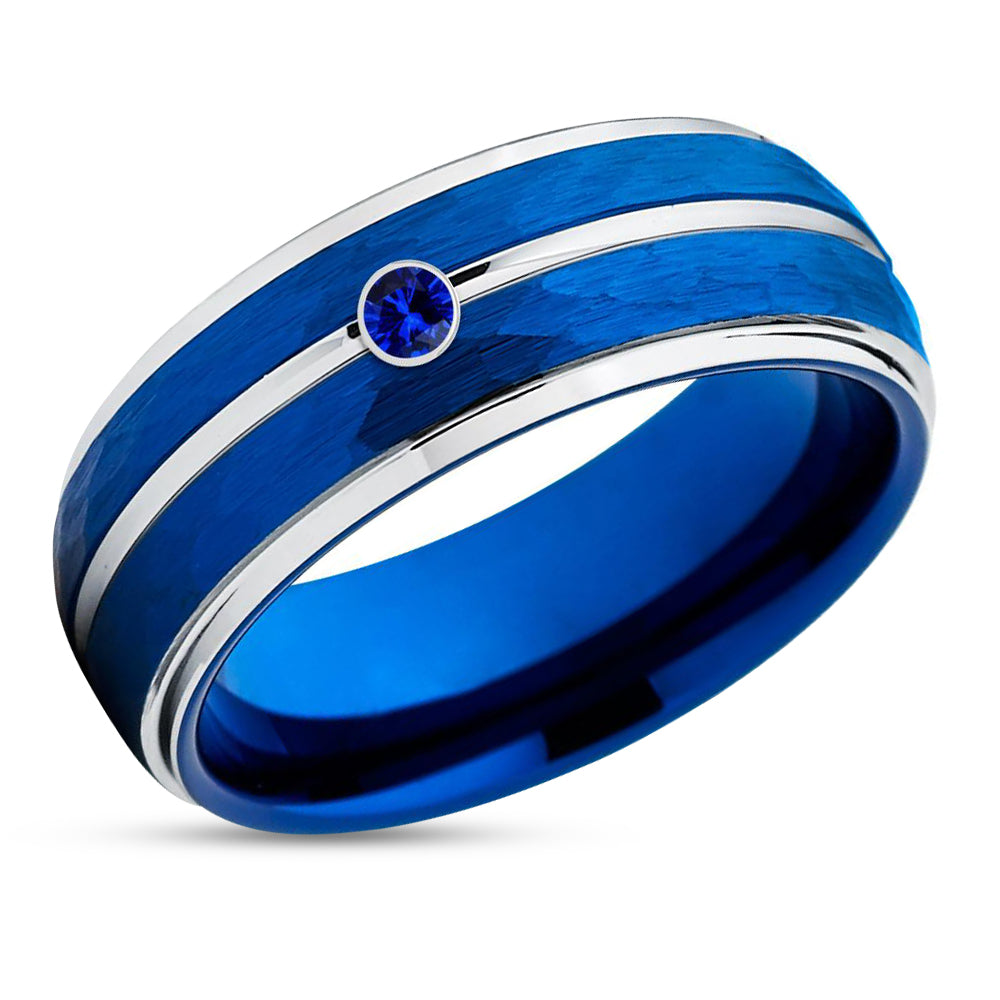 Blue Tungsten Wedding Ring - Blue Sapphire Ring - 8mm Wedding Band - Tungsten Ring