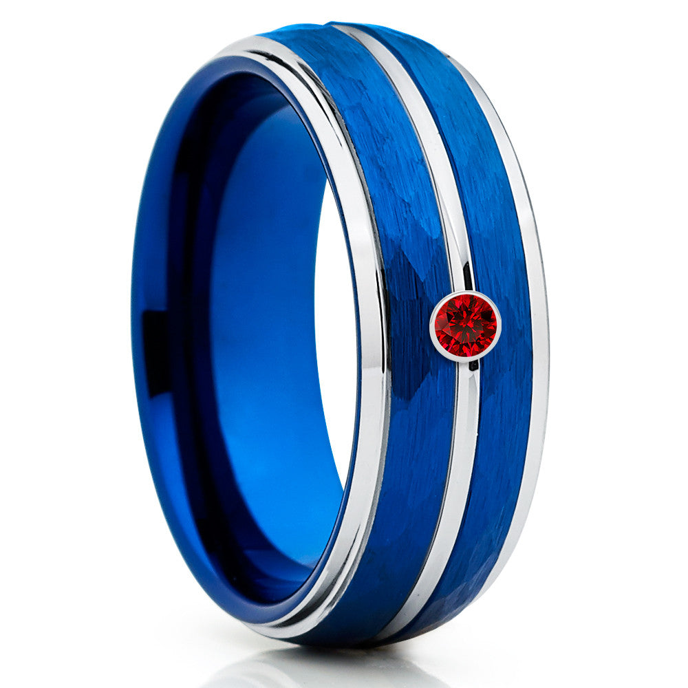 Blue Tungsten Wedding Band - Ruby Tungsten Ring - 8mm - Hammered Ring - Clean Casting Jewelry