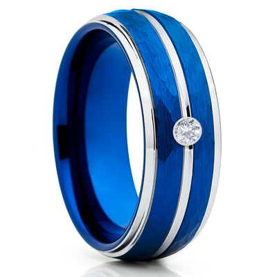 Blue Tungsten Wedding Band - White Diamond Tungsten Ring - Blue Tungsten - Clean Casting Jewelry