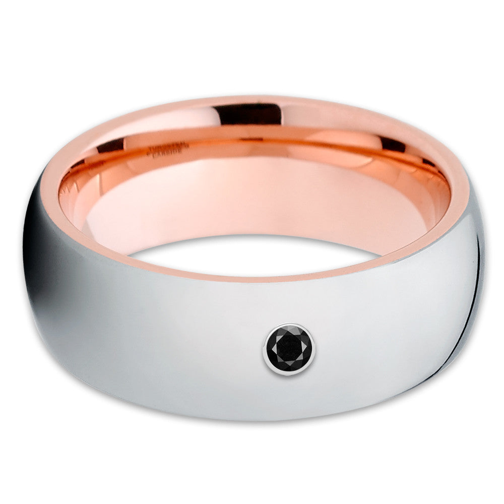 Rose Gold Tungsten Wedding Band - Black Diamond Ring - Silver Tungsten Ring - Clean Casting Jewelry