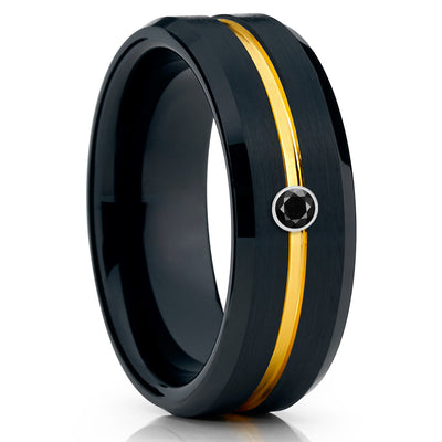 Men's Black Tungsten Ring - Yellow Gold Tungsten Band - Black Diamond Ring - Clean Casting Jewelry