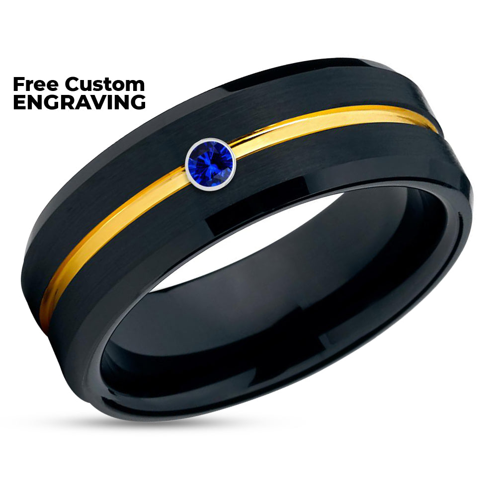 Black Wedding Ring - Tungsten Wedding Band - Yellow Gold Ring - Blue Sapphire Ring
