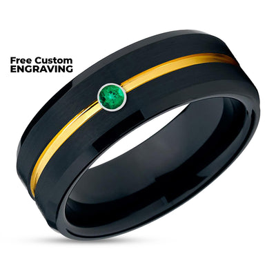 Black Wedding Ring - Emerald Wedding Ring - 18K Yellow Gold - Tungsten Carbide Ring - Black