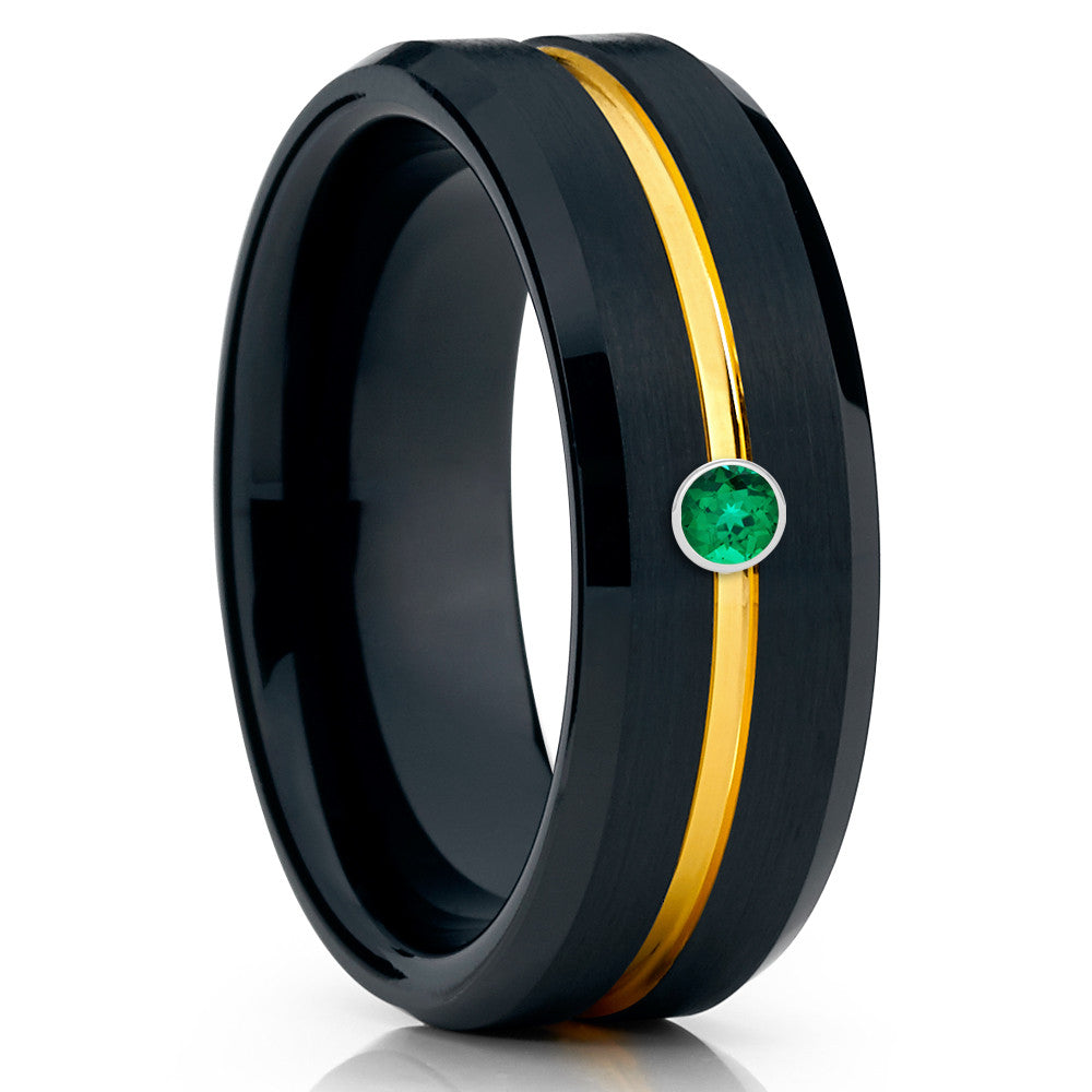 Black Tungsten Wedding Band - Yellow Gold Tungsten - Emerald Ring - 8mm - Clean Casting Jewelry