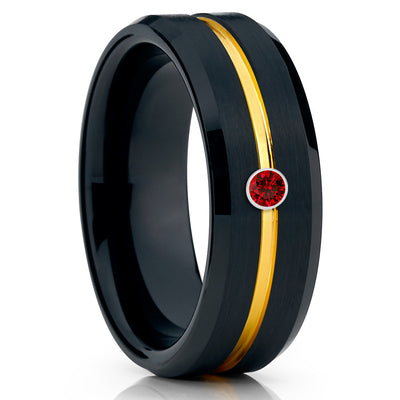 Black Tungsten Ring - Ruby Ring - Yellow Gold Tungsten Ring - Brush - 8mm - Clean Casting Jewelry