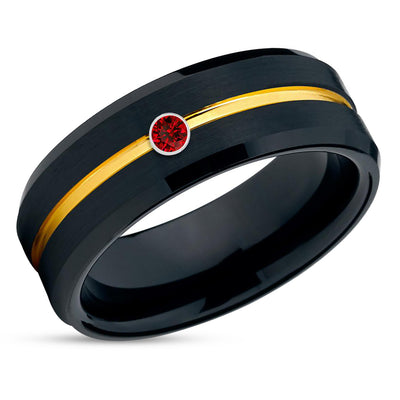 Black Tungsten Wedding Ring - Ruby Wedding Band - Anniversary Ring - Yellow Gold Ring