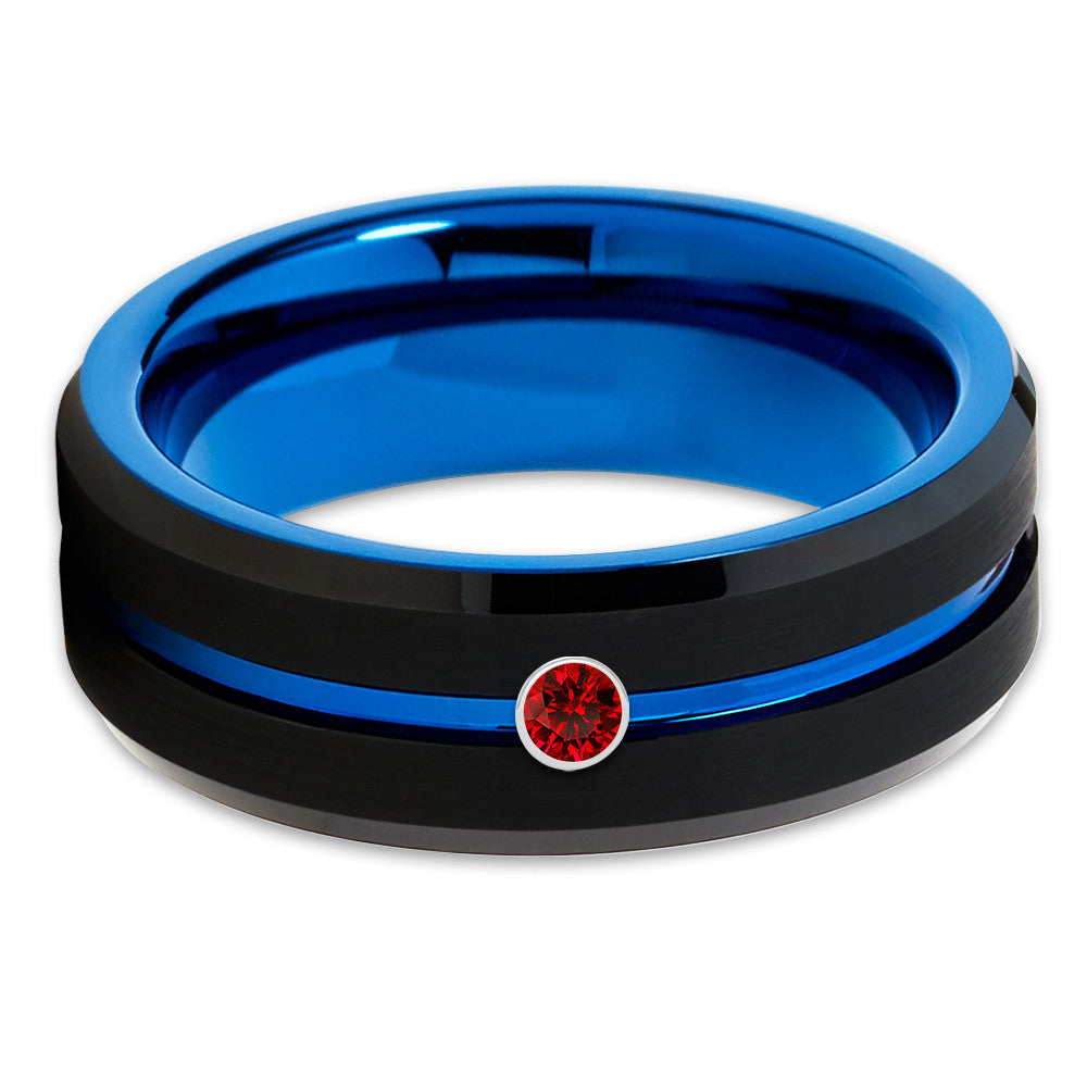 Black Tungsten Ring - Ruby Wedding Band - Blue Tungsten Ring - Brush - Clean Casting Jewelry