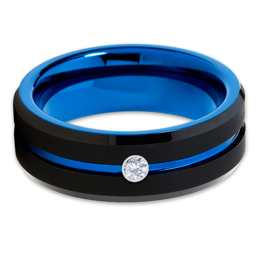 Blue Tungsten Ring - White Diamond Ring - Black Tungsten - Men's Ring - Clean Casting Jewelry