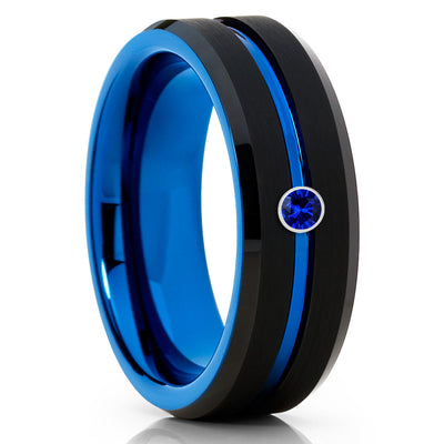 Blue Tungsten Wedding Band - Blue Sapphire Ring - Black Wedding Band - Clean Casting Jewelry