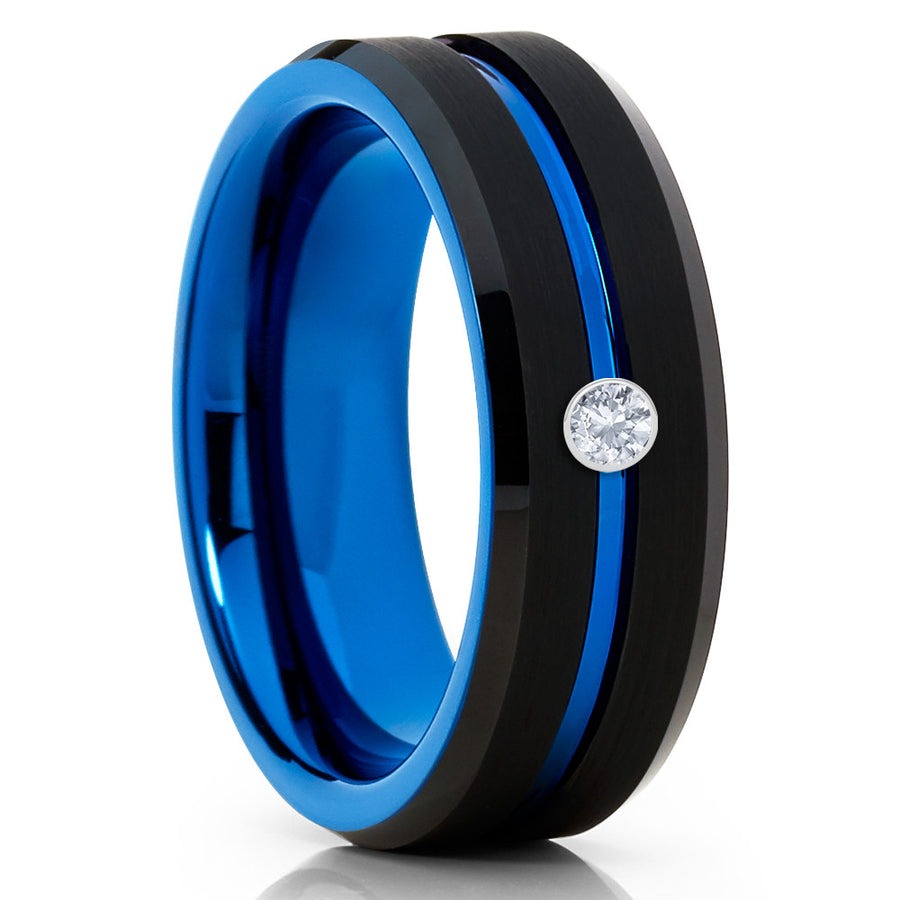 Blue Tungsten Ring - White Diamond Ring - Black Tungsten - Men's Ring - Clean Casting Jewelry 