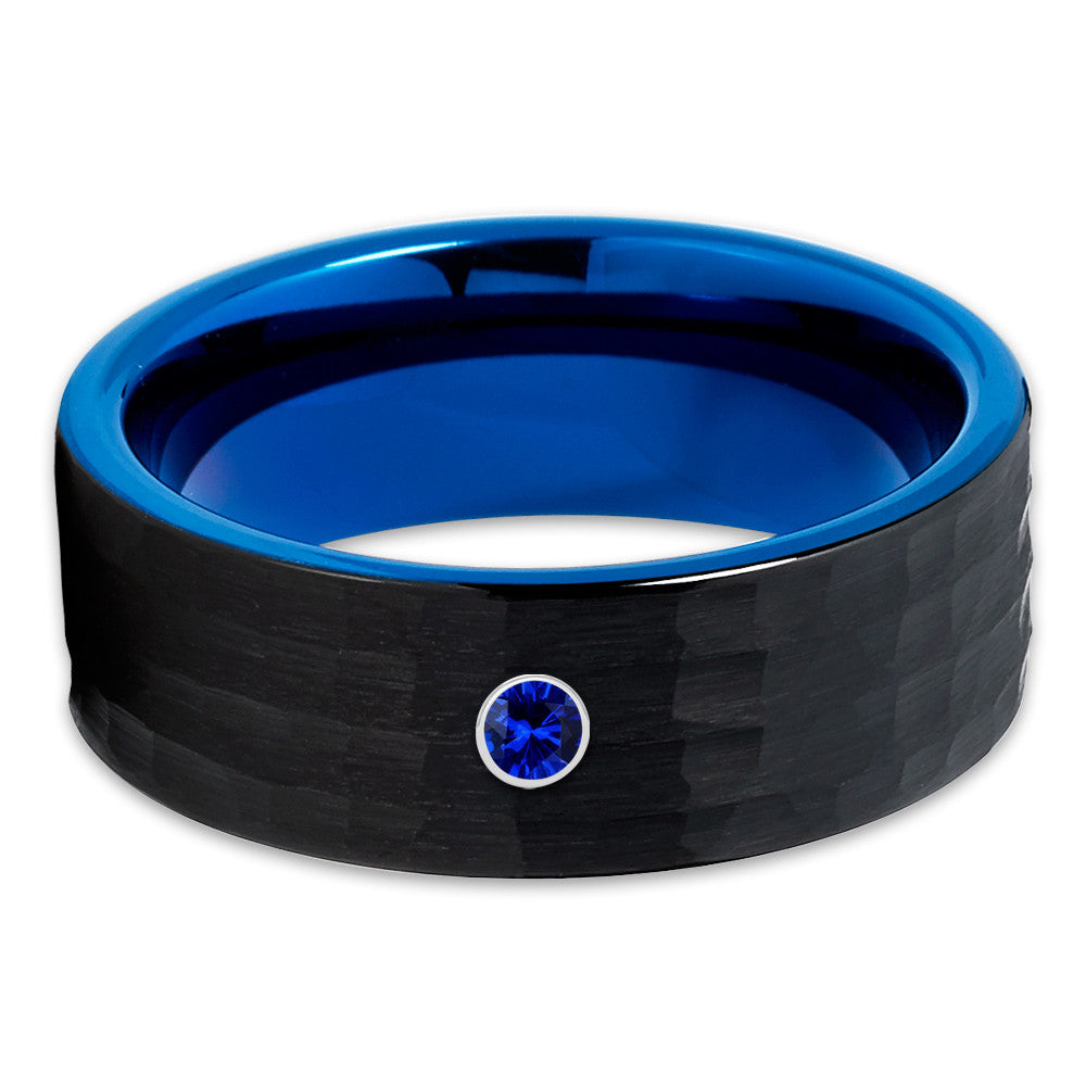 Blue Wedding Band - Black Tungsten Ring - Blue Sapphire - Hammered - Clean Casting Jewelry
