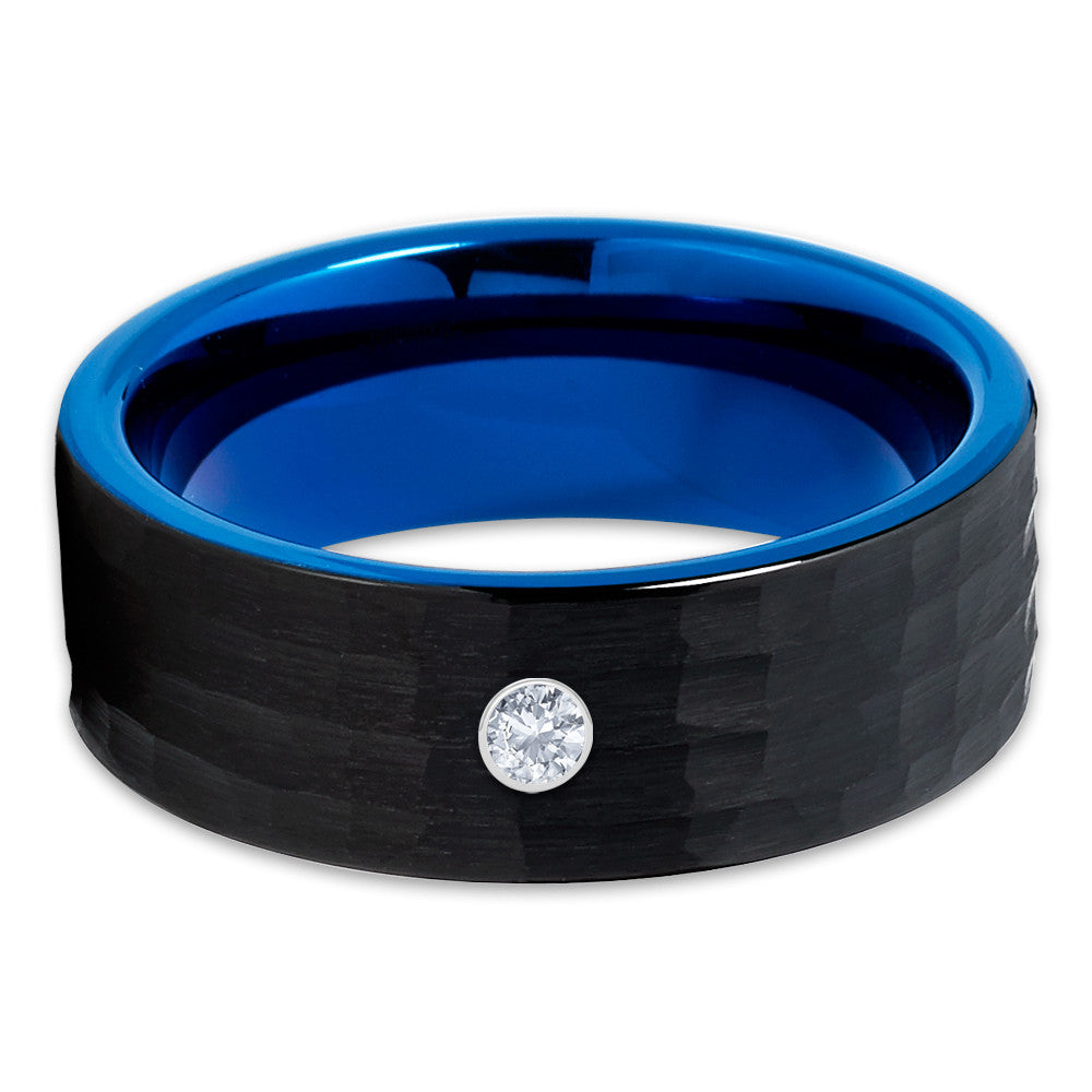 Blue Tungsten Wedding Band - White Diamond Tungsten Ring - 8mm - Black - Clean Casting Jewelry