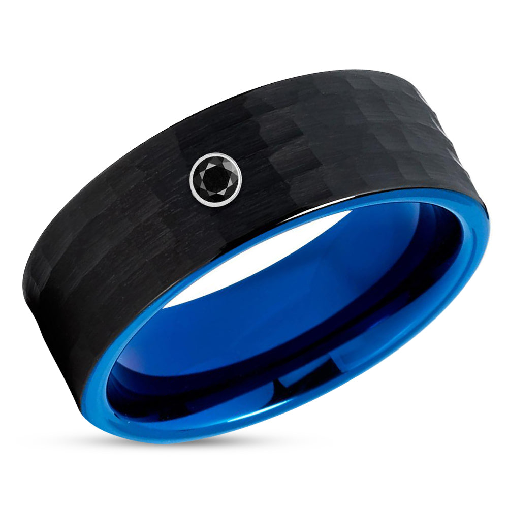 Black Diamond Wedding Band - Blue Tungsten Ring - Black Diamond Ring - Blue Ring
