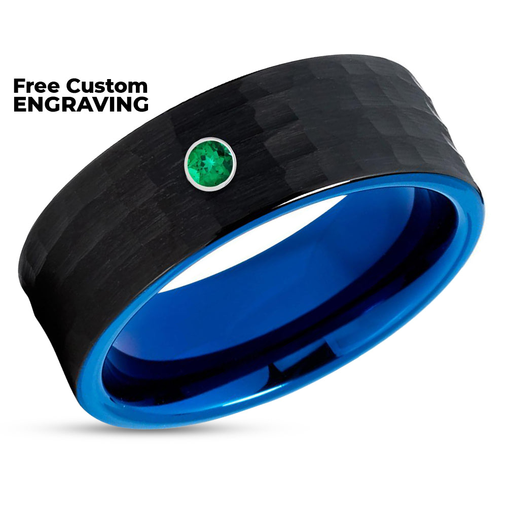 Emerald Tungsten Ring - Blue Tungsten Ring - Black Tungsten - Hammered - 8mm