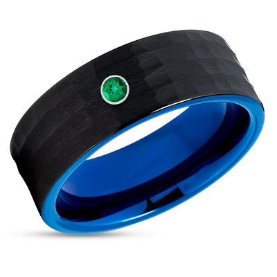 Emerald Tungsten Ring - Blue Tungsten Ring - Black Tungsten - Hammered - 8mm
