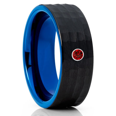 Blue Tungsten Band - Ruby Tungsten Ring - Hammered - Black Ring - 8mm - Clean Casting Jewelry