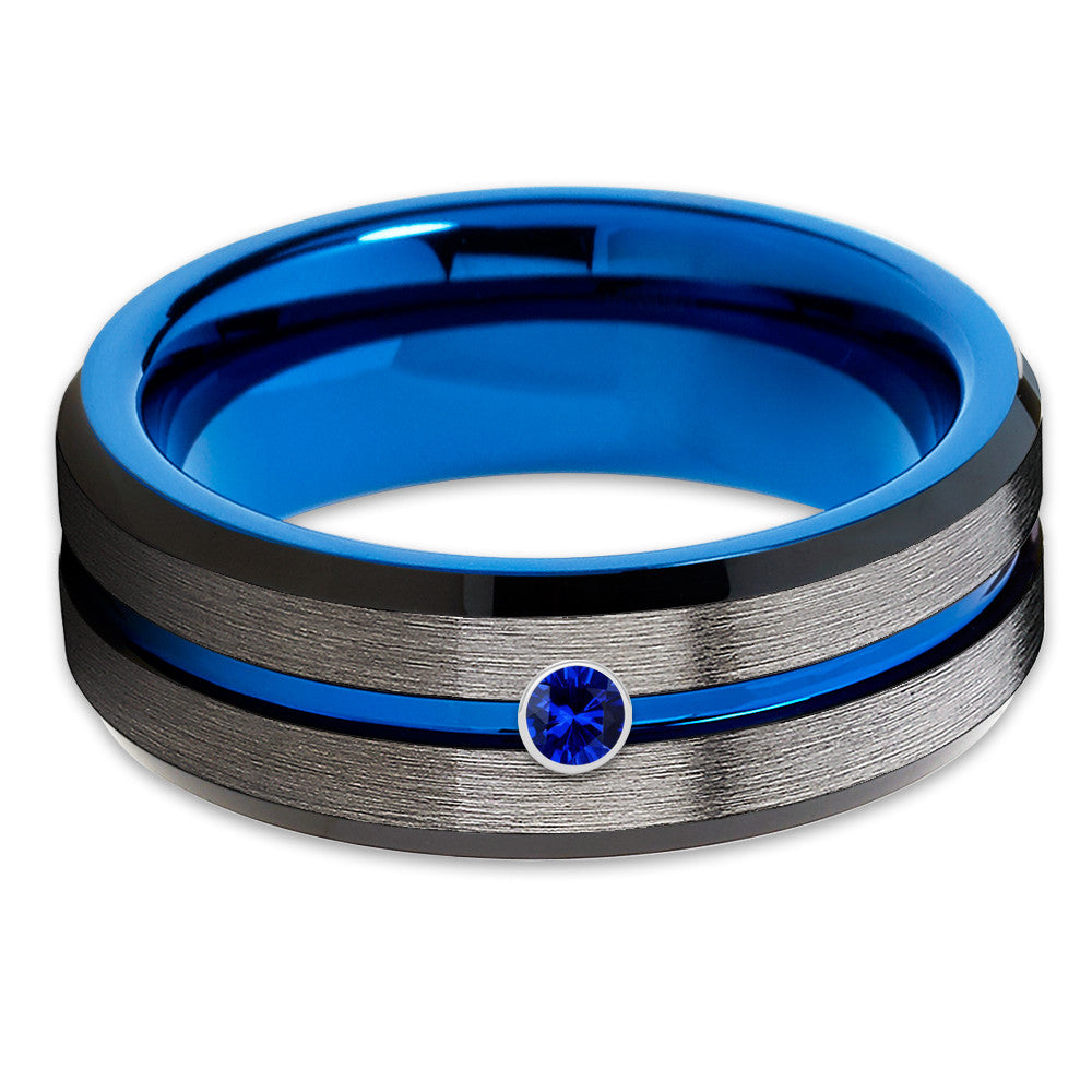 Blue Sapphire Tungsten Ring - Blue Tungsten Ring - Gunmetal - Black Tungsten - Clean Casting Jewelry