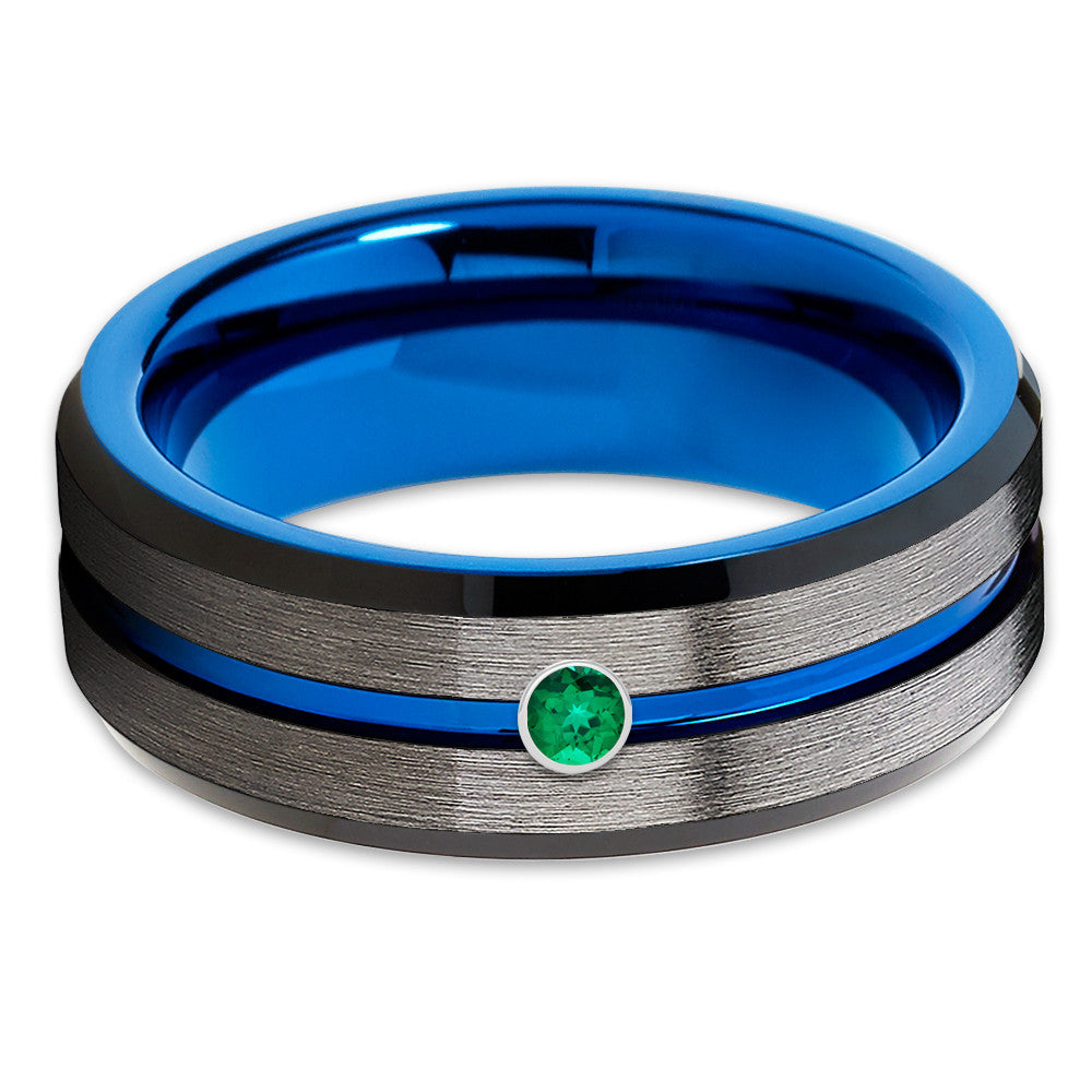 Blue Tungsten Wedding Band - Emerald Tungsten Ring - Gunmetal Ring - Brush - Clean Casting Jewelry