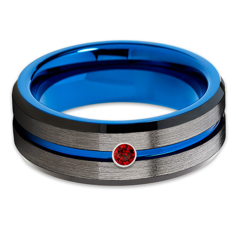 Ruby Tungsten Ring - Blue Tungsten - Gunmetal Wedding Band - Gray Tungsten - Clean Casting Jewelry