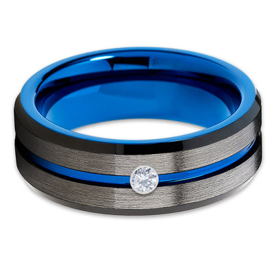 White Diamond Tungsten - Blue Tungsten Ring - Gunmetal Ring - Men's - Clean Casting Jewelry