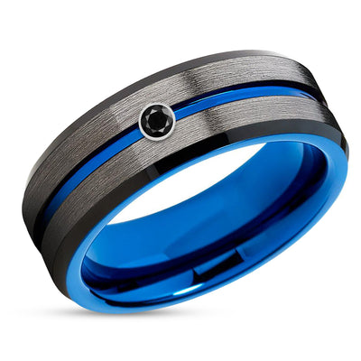 Black Diamond Wedding Ring - Gunmetal Tungsten Ring - Blue Wedding Band - Brush