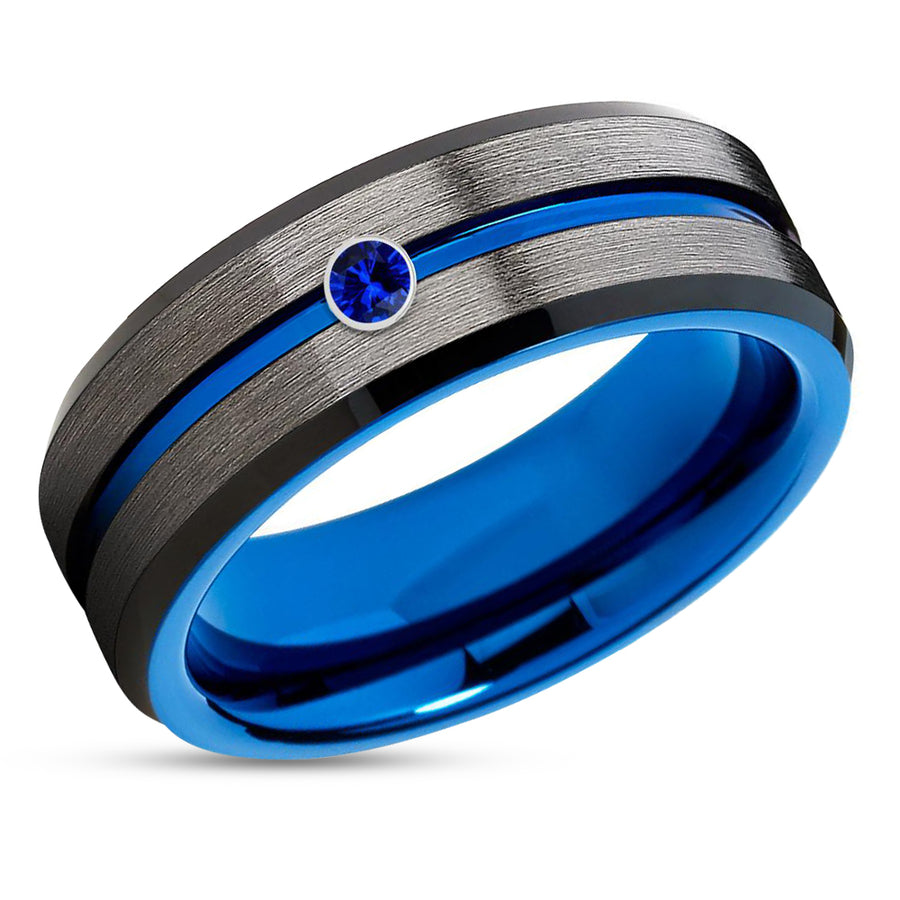 Gunmetal Wedding Ring - Blue Wedding Ring - Blue Tungsten Ring - Blue Sapphire Ring