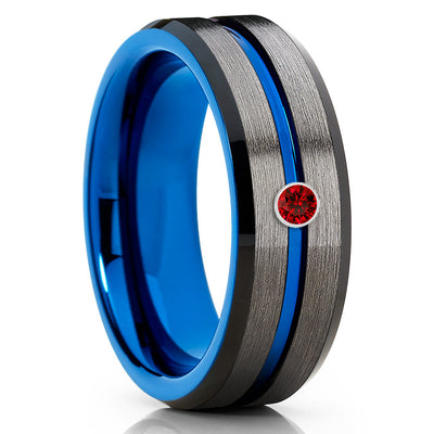 Ruby Tungsten Ring - Blue Tungsten - Gunmetal Wedding Band - Gray Tungsten - Clean Casting Jewelry
