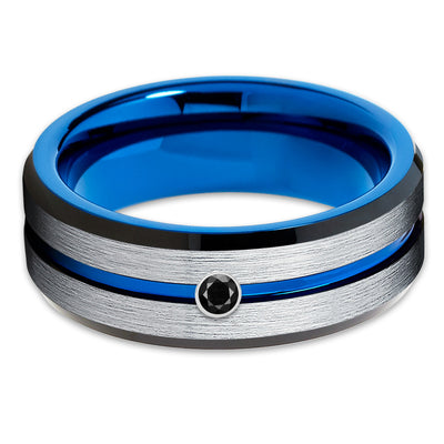 Blue Tungsten Ring - Black Diamond Tungsten - Silver Tungsten Ring - Brush - Clean Casting Jewelry