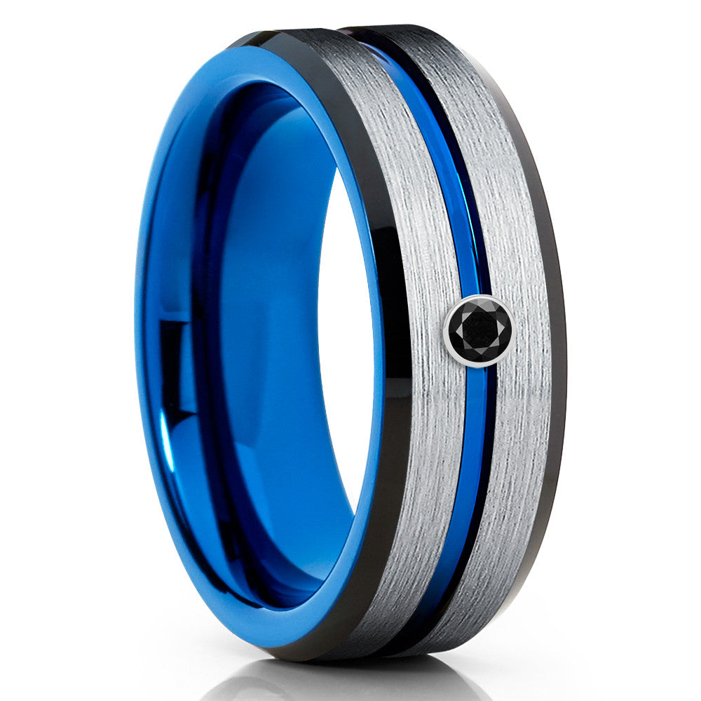Blue Tungsten Ring - Black Diamond Tungsten - Silver Tungsten Ring - Brush - Clean Casting Jewelry