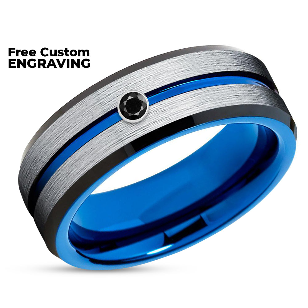 Blue Tungsten Wedding Ring - Black Diamond Ring - Blue Wedding Ring - Tungsten