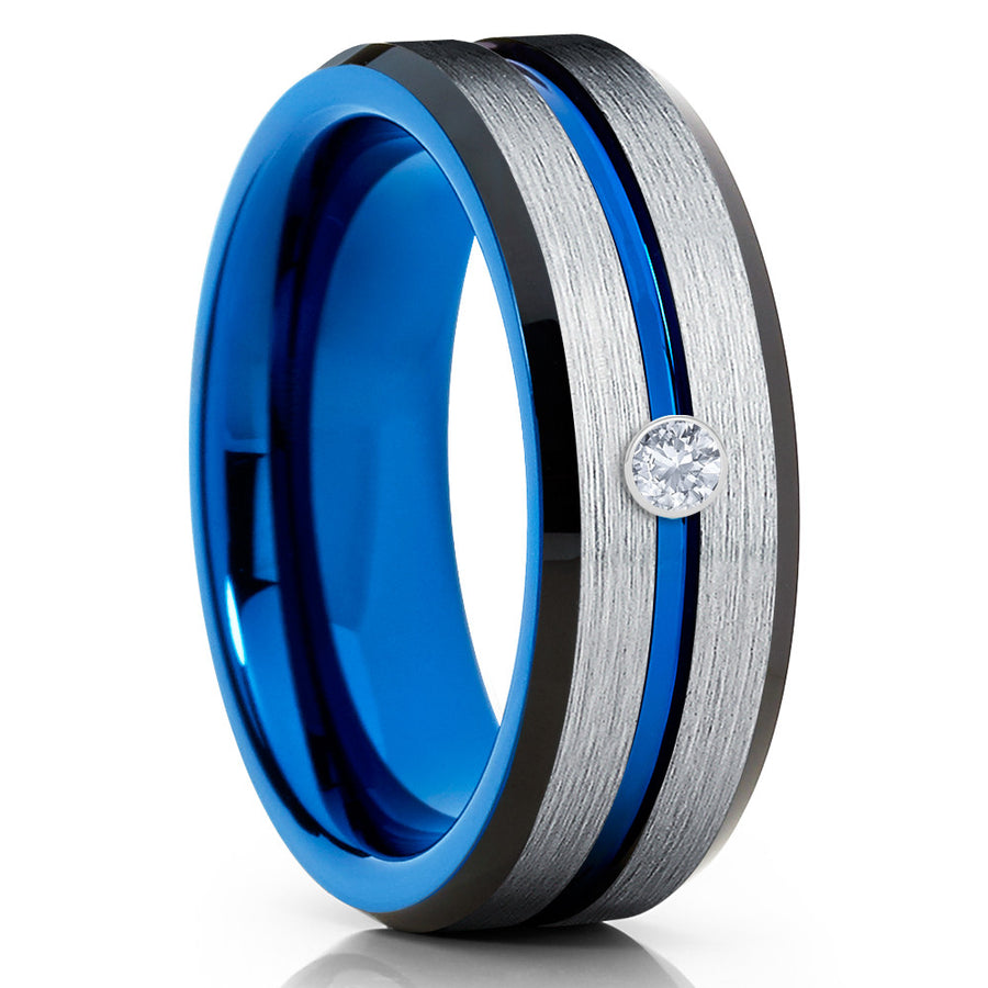 Blue Tungsten Wedding Band - White Diamond Tungsten Ring - Blue Tungsten - Clean Casting Jewelry 