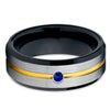 Yellow Gold Tungsten - Blue Sapphire Ring - Black Tungsten Band - 8mm - Clean Casting Jewelry