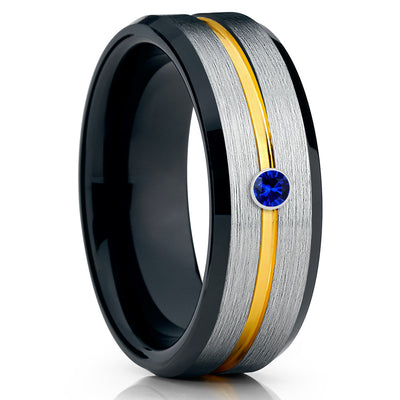 Yellow Gold Tungsten - Blue Sapphire Ring - Black Tungsten Band - 8mm - Clean Casting Jewelry