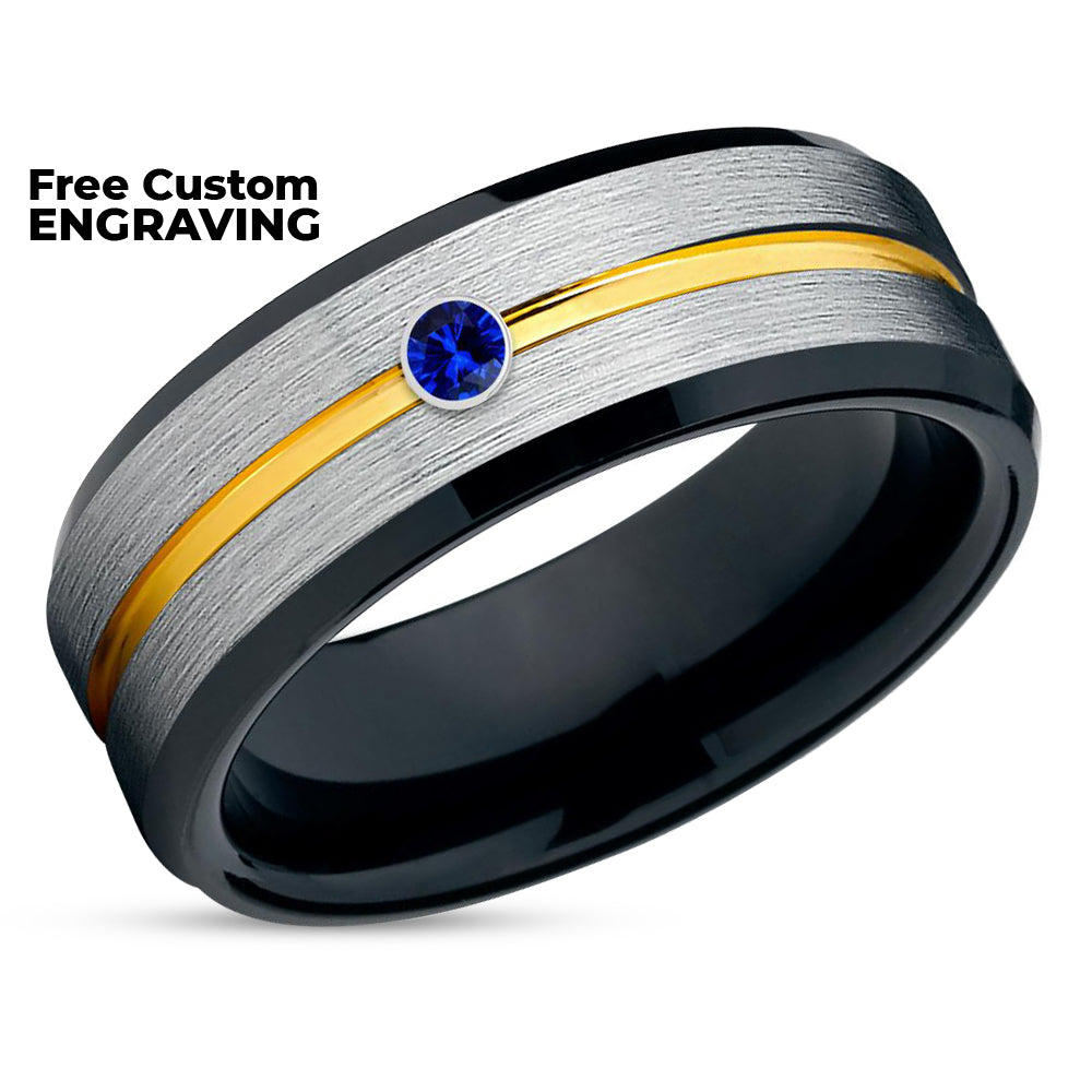 Blue Sapphire Ring - Man's Wedding Ring - Women's Wedding Band - Black Ring