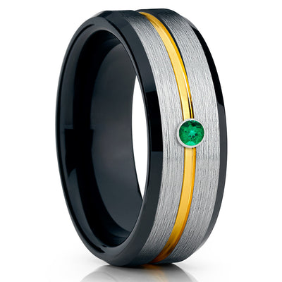 Yellow Gold Tungsten Band - Men's Black Ring - Emerald Wedding Band - 8mm - Clean Casting Jewelry
