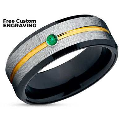 Black  Tungsten Wedding Band - Yellow Gold Tungsten Ring - Emerald Wedding Ring - Man's Ring