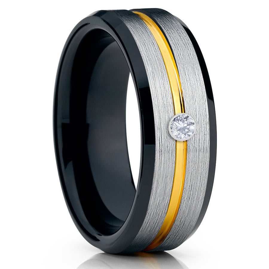 Tungsten Wedding Band - Yellow Gold Tungsten Ring - White Diamond Ring - Clean Casting Jewelry 